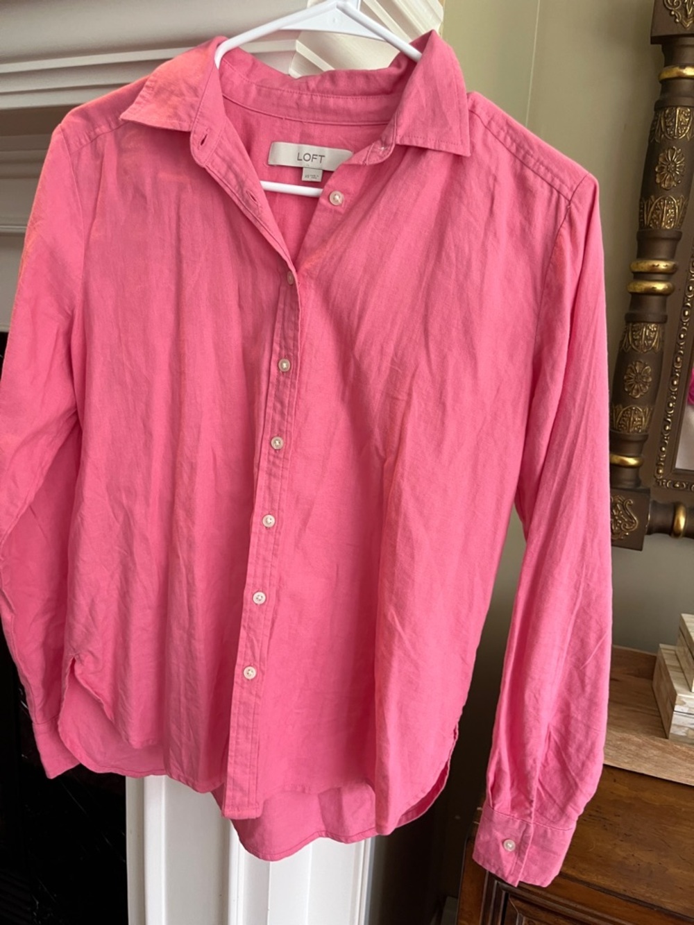 LOFT Hot Pink Lightweight Linen Blend Button-Up Shirt
